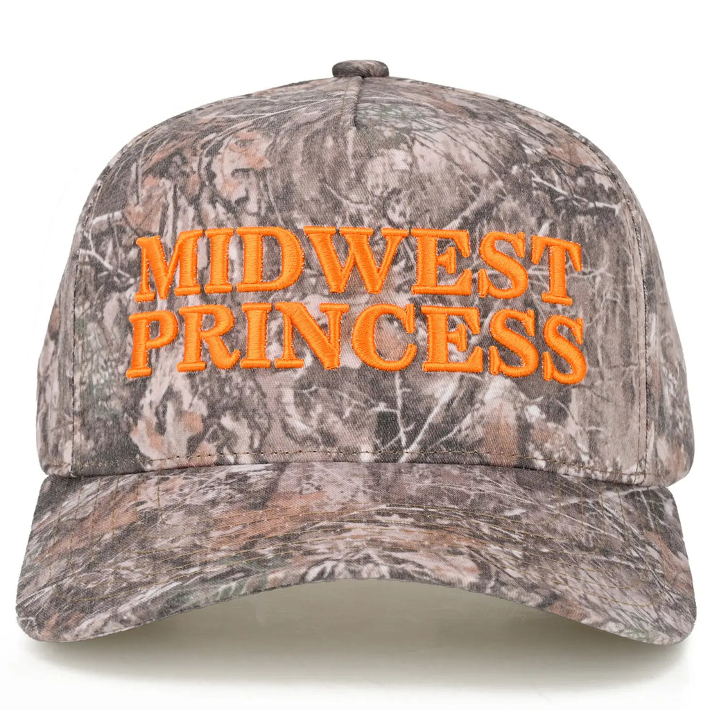 C.C Midwest Princess Letter Embroidered Camo Trucker Hat - Orange Lettering