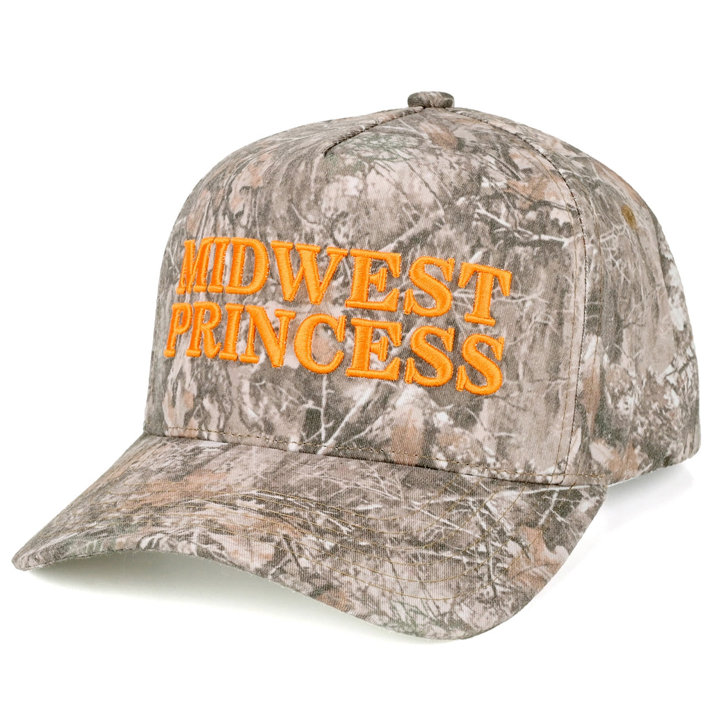 C.C Midwest Princess Letter Embroidered Camo Trucker Hat - Orange Lettering
